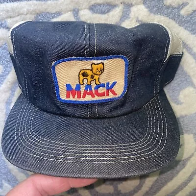 Vintage Mack Trucks Blue Denim Snapback Trucker Hat Cap Embroidered Logo Patch • $50.58