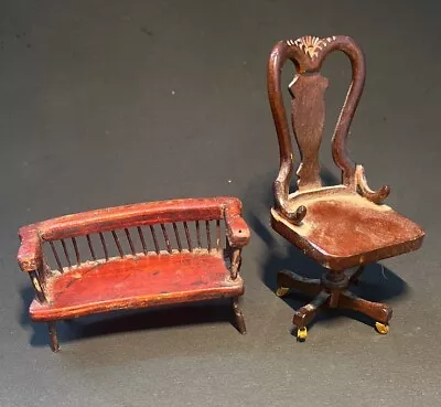 Antique Vintage Wood Lot Dollhouse Miniature Victorian Chair Swivel & Bench Old • $4.99