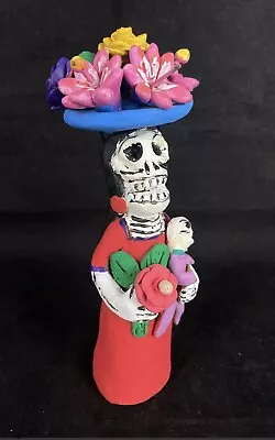 VTG Day Of The Dead La Catrina Mexican Folk Art Hand Made Signed Statue Ceramic • $29