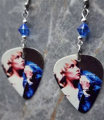 Blondie Guitar Pick Earrings With Blue Swarovski Crystals • $6