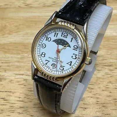 VTG White Tag Quartz Watch Women Moon Phase Gold Tone Date Leather New Battery • $35.99