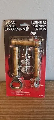 VTG 1980s NOS Dollarama Wood Handle Bar Opener Set Taiwan Corkscrew Bottle NIP • $25