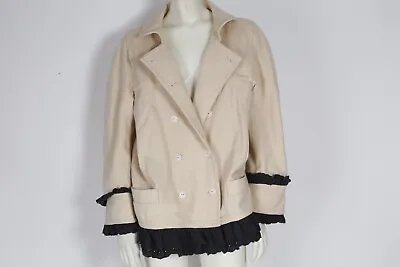 MARC By MARC JACOBS Wool Beige Black Double Breasted Ruffle Trim Coat Size M • $29.99