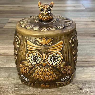 Vtg Lefton Owl Cookie Jar 10  Ceramic Wood Grain Floral Brown Orange Japan H7858 • $65.99