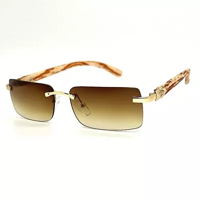 Black Tint Mens Rectangle Luxury Hip Hop Fashion Gold Frame Rimless Sunglasses • $14.99