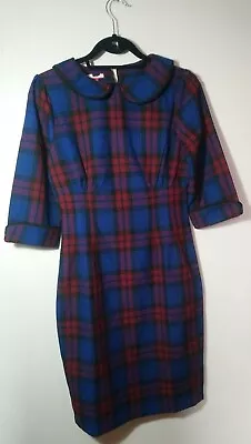 VINTAGE Style Joe Browns Tartan Plaid Pencil Dress Peter Pan Collar Wiggle UK 10 • £11.99