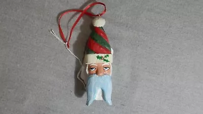 Hand Carved Wood Blue Mustache Santa Ornament Spiral Green & Red Hat 2017 5  • $24.79