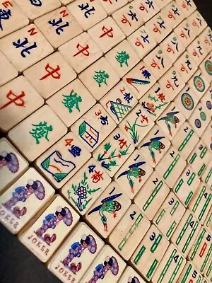 Antique Hand-Curved Mahjong Bamboo#Bone¥  Dovetail Set ~152Tiles~8Jokers 1923 L6 • $199.95