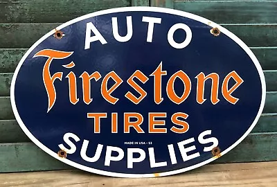 Vintage 1953 Dated Firestone Tires  Auto Supplies 16.5” Porcelain Sign • $42