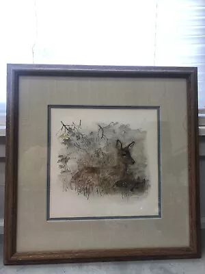 Mads Stage Watercolor Art Doe Fawn Perfect Condition 1970’s Linen Matted Framed • $150