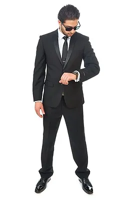 Slim Fit AZAR MAN Black Tuxedo 2 Button Satin Notch Lapel Flat Front Pants NEW • $119