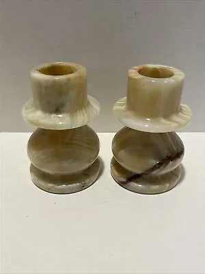 Vintage Beige Marble Candlestick Holders Polished Stone Set Of 2 Appr 3” Tall • $19.99