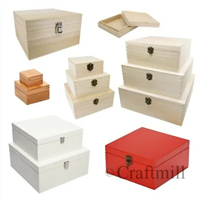 Plain Wood Wooden Square Hinged Storage & Christmas Eve Boxes - Choice Of Sizes • £19.36