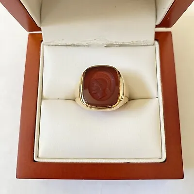 Vintage Men's 10k Gold Carnelian Stone Roman Soldier Profile Ring Size 9.5 • $980