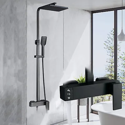 Bathroom Exposed Shower Mixer Taps System Black Twin Head Large Square Bar Set • £85