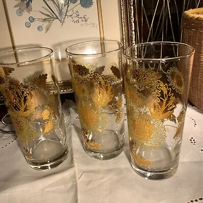 Mid Century Modern Barware Glasses~3 Tumblers Hi Ball~Gilt Gold Leaves Florals • $33