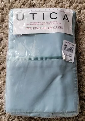 Utica 2 King Pillowcases Solid Robin Blue No Iron Percale Cotton Vintage New  • $25