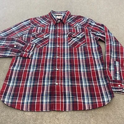 Levis Western Shirt Mens Large Plaid Long Sleeve Pearl Snaps Cowboy Modern Logo • $14.95