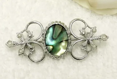 Vintage Abalone & Faux Pearl Filigree Bar Brooch • $8