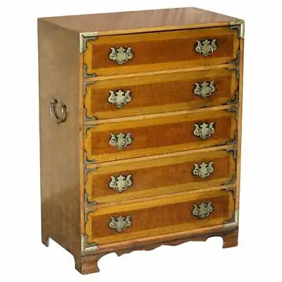 Stunning Burr Elm Chest Of Drawers With Oversized Military Campaign Handles  • $1678.52