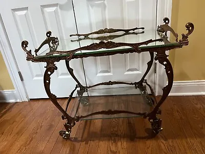 Antique Brass Bar Cart With Mercury Glass Tray On Casters • $1380