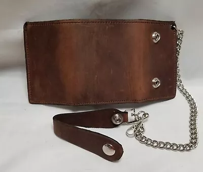 Brown Leather Trucker Wallet 4.25  X 3  Trifold With 12  Chain MADE IN USA • $23.99