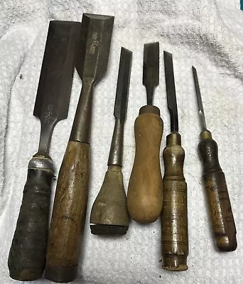 Variety Lot Of 6 Vintage Buck Bros Woodworking Chisels Tools With Wood Handles • $15