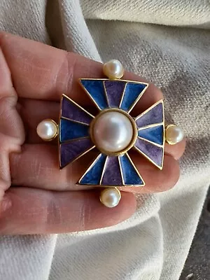 Vintage Signed Trifari Blue Lavender Enamel Faux Pearl Maltese Cross Gold Tn Pin • $25