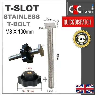 T Slot M8 X 100mm T Bolt Thumb Knob Mitre T Slot Track Thin Head Stainless Screw • £4.95