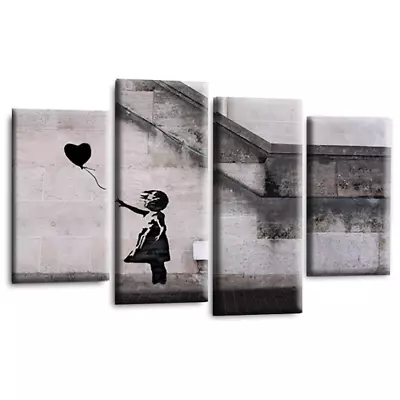 Banksy Balloon Girl Art Print Black Grey Heart Framed Split Panel Wall Picture • £28.99