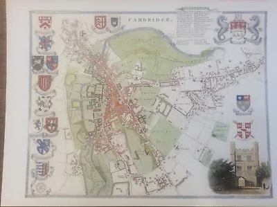 Cambridge Antique Colour Map By Thomas Moule With Arms Of The Colleges 14“ • £14.99