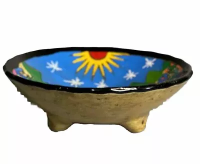 Vtg. Mexican Folk Art Clay Pottery Footed Salsa Bowl Hand Painted Party Scene • $24.99