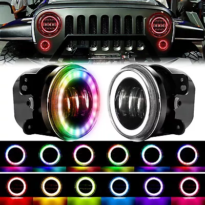 Pair 4 Inch LED Fog Lights Bluetooth RGB Halo DRL For 2007-2017 Jeep Wrangler JK • $84.41
