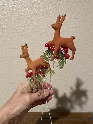 Vintage Christmas 2 Flocked Reindeer Picks 1960’s Japan • $12