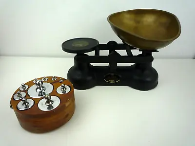 £34.99 • Buy Vintage Cast Iron Salter Kitchen Scales With Brass Dish & Set Of Metric Weights