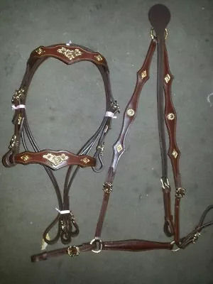 New Highland Engraved Gold Inlay New Horse Tack Brown Leather Bridle & Reins Set • $149