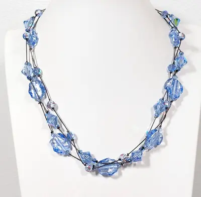 Dabby Reid Blue Glass Station Bead Triple Strand Gray Metallic Necklace 16-18 In • $27.99