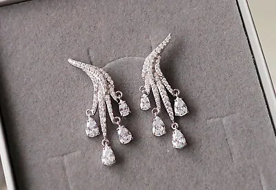 £28.99 • Buy Long Drop Dangle 925 Silver Cz Diamond Wedding Bridal Earrings,hoops UK
