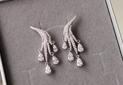 £28.99 • Buy Long Drop Dangle 925 Silver Cz Diamond Wedding Bridal Earrings,hoops UK