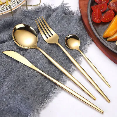 Stainless Steel Spoon Golden Cutlery Fork Set Dinnerware Sets Tableware 4pcs Set • £6.50