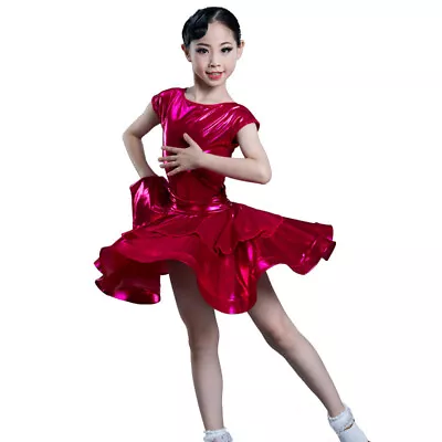 Girls Dance Dress Short Sleeve Shiny Layered Ballroom Latin Rumba Dancewear • $53.87