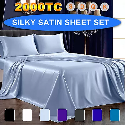 4PCS Silk Satin Bed Sheet Set Single/Double/Queen/King Flat Fitted Pillowcase AU • $10.79