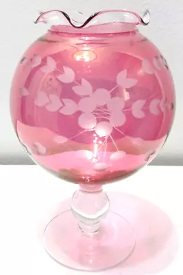 Vintage Glass Pedestal Rose Bowl Vase Ivy Ball Cranberry Etched Cut Floral 8  T • $27.89