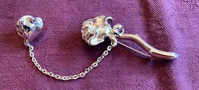 Vintage Monet Silver Tone Gleaming Rose& Heart Tie Pin With Chain Groom Wedding • $25
