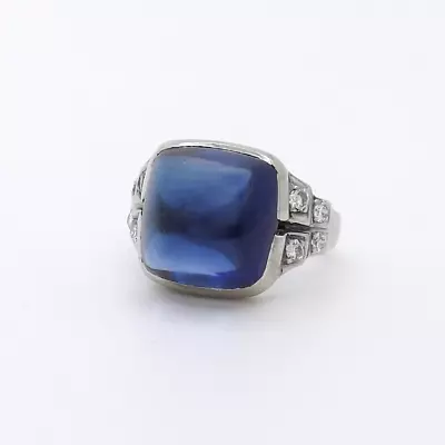 Art Deco 14K White Gold Lab Grown Cabochon Sapphire Natural Diamond Ring • $664.05