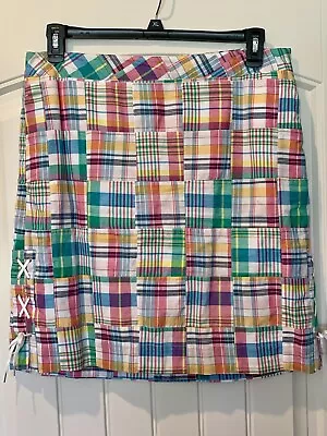 Talbots Womens Size 12 Madras Plaid Patchwork Skirt Pastel Lined Cotton Side Zip • $26