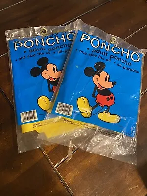 Disney World Vintage Mickey Mouse Rain Poncho Adult One Size Fits All Set Of 2 • $19.95