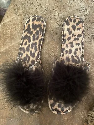 Retro I.N.C. Leopard Satin W/ Black Marabou Feather Trim Slippers  Slides 11(M) • $24.99