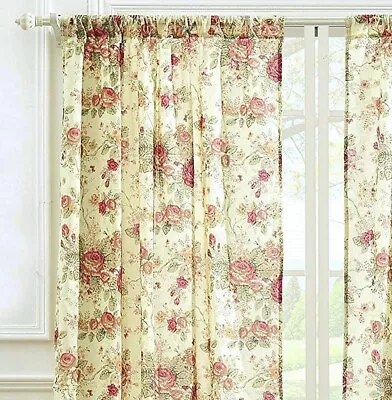 ANTIQUE ROSE 84 X 84 WINDOW PANELS : CREAM YELLOW SHABBY VINTAGE CURTAIN DRAPES • $62.45