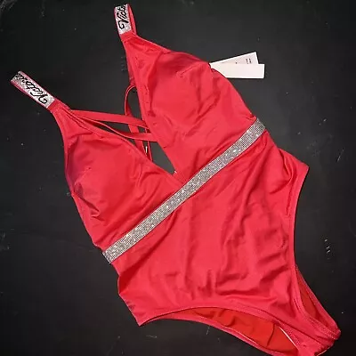 NWT Victoria's Secret M ONE-PIECE Monokini Shine Strap WILD STRAWBERRY PINK RED • $79.99